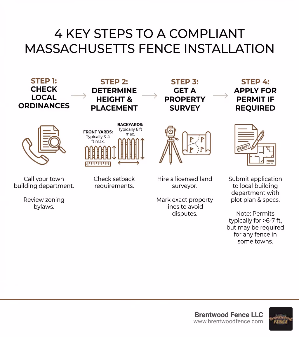 Infographic showing the 4 key steps to a compliant Massachusetts fence installation: Step 1 - Check Local Ordinances (call your town building department and review zoning bylaws), Step 2 - Determine Height and Placement (front yards typically 3-4 feet maximum, backyards typically 6 feet maximum, check setback requirements), Step 3 - Get a Property Survey (hire a licensed land surveyor to mark exact property lines and avoid neighbor disputes), Step 4 - Apply for Permit if Required (submit application to local building department with plot plan and fence specifications, noting that permits are typically required for fences over 6-7 feet but may be required for any fence in some towns) - do you need a permit for a fence in massachusetts infographic Infographic showing the 4 key steps to a compliant Massachusetts fence installation: Step 1 - Check Local Ordinances (call your town building department and review zoning bylaws), Step 2 - Determine Height and Placement (front yards typically 3-4 feet maximum, backyards typically 6 feet maximum, check setback requirements), Step 3 - Get a Property Survey (hire a licensed land surveyor to mark exact property lines and avoid neighbor disputes), Step 4 - Apply for Permit if Required (submit application to local building department with plot plan and fence specifications, noting that permits are typically required for fences over 6-7 feet but may be required for any fence in some towns) - do you need a permit for a fence in massachusetts infographic