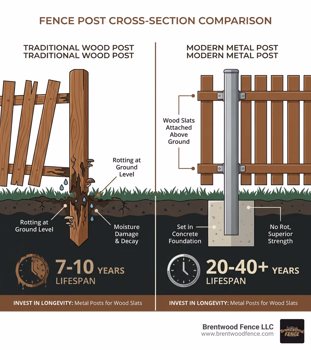 infographic showing cross-section comparison: left side shows a traditional wood post rotting at ground level with moisture damage and decay; right side shows a metal post set in concrete with no rot, superior strength, and a wood slat fence attached above ground lasting 20-40+ years - metal fence posts for wood slats infographic infographic showing cross-section comparison: left side shows a traditional wood post rotting at ground level with moisture damage and decay; right side shows a metal post set in concrete with no rot, superior strength, and a wood slat fence attached above ground lasting 20-40+ years - metal fence posts for wood slats infographic