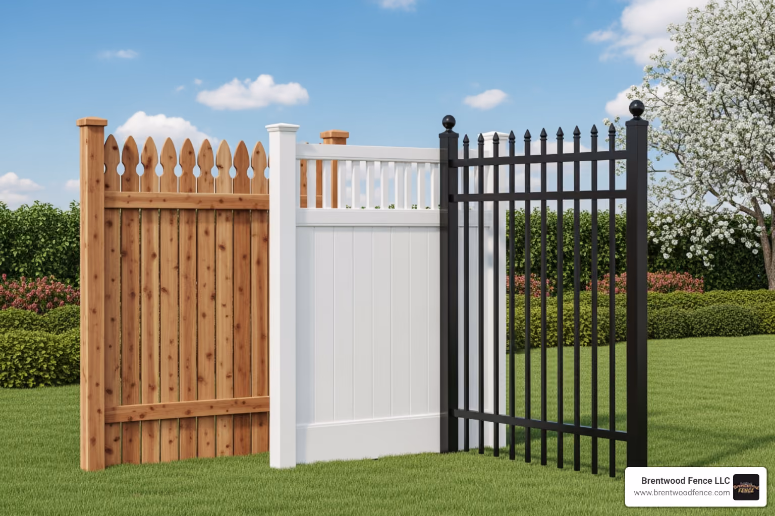 Display showing samples of wood, vinyl, and aluminum fencing - Backyard fence solutions Display showing samples of wood, vinyl, and aluminum fencing - Backyard fence solutions