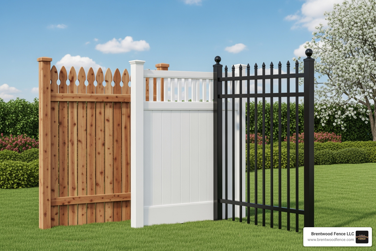 Display showing samples of wood, vinyl, and aluminum fencing - Backyard fence solutions Display showing samples of wood, vinyl, and aluminum fencing - Backyard fence solutions