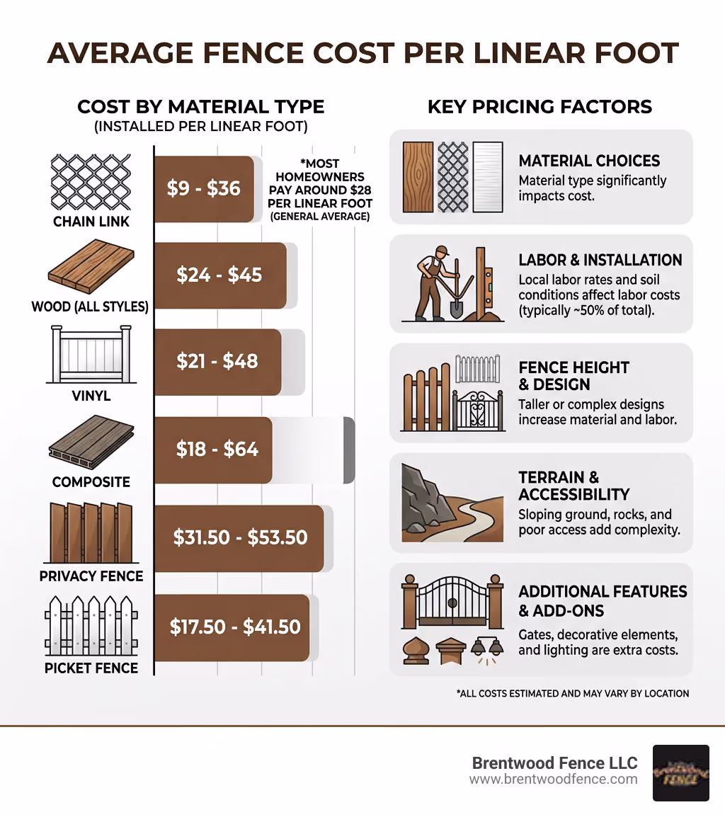 Infographic showing fence cost per linear foot by material type and key pricing factors - average fence cost per linear foot Infographic showing fence cost per linear foot by material type and key pricing factors - average fence cost per linear foot