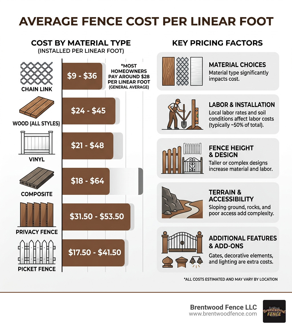 Infographic showing fence cost per linear foot by material type and key pricing factors - average fence cost per linear foot Infographic showing fence cost per linear foot by material type and key pricing factors - average fence cost per linear foot