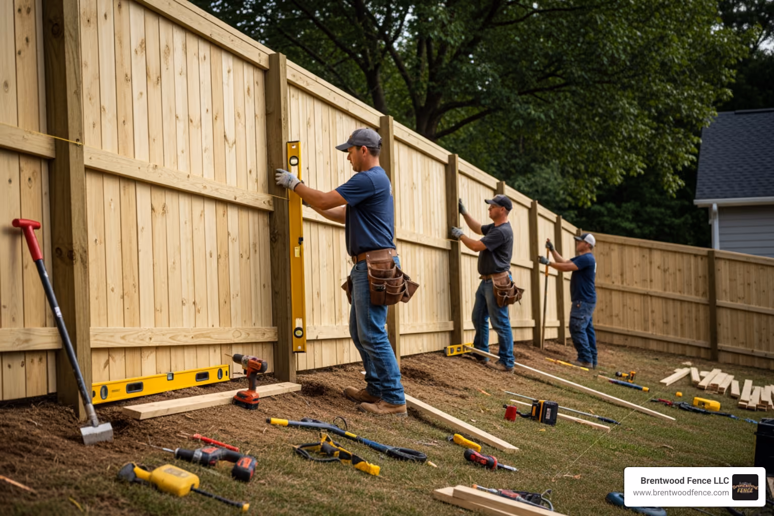 A professional fence installation occurring on a sloped backyard with workers leveling the panels - average fence cost per A professional fence installation occurring on a sloped backyard with workers leveling the panels - average fence cost per