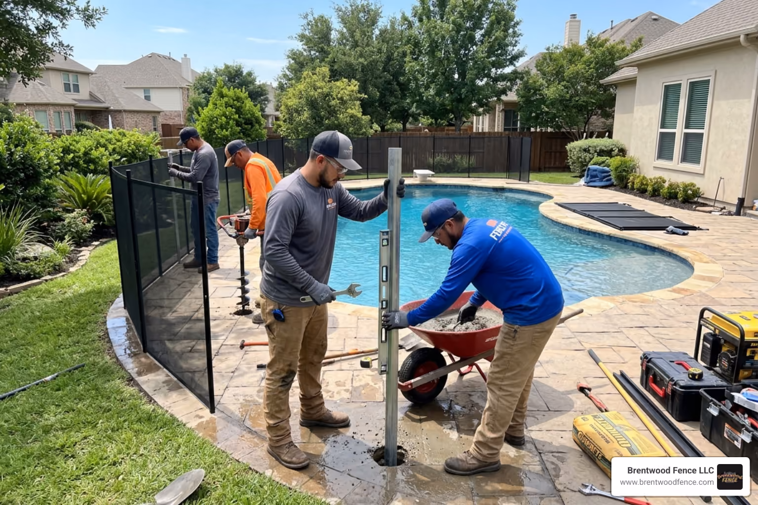 Professional fence installation team setting posts for a pool safety barrier - Maine pool barrier contractors Professional fence installation team setting posts for a pool safety barrier - Maine pool barrier contractors