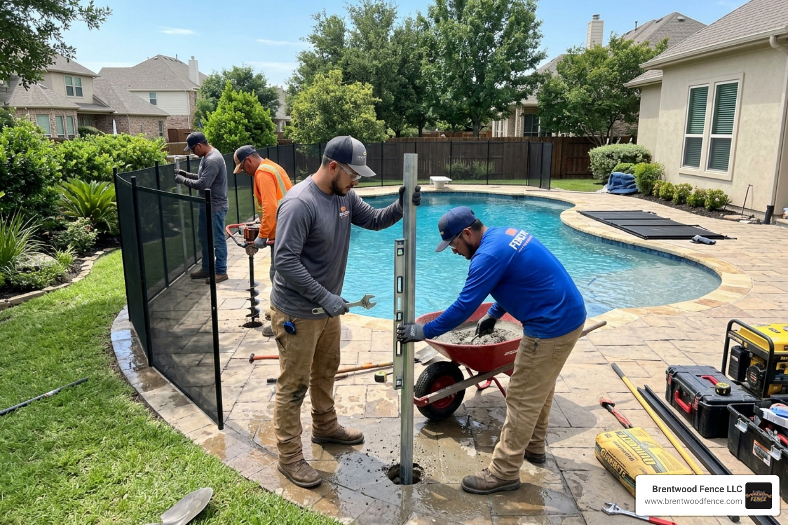 Professional fence installation team setting posts for a pool safety barrier - Maine pool barrier contractors Professional fence installation team setting posts for a pool safety barrier - Maine pool barrier contractors