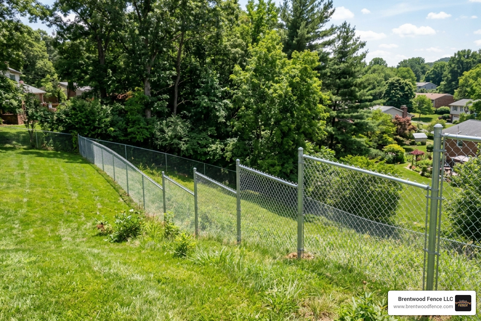 Chain link fence installed on a steep sloped backyard showing stepped sections - labor cost for installing chain link fence Chain link fence installed on a steep sloped backyard showing stepped sections - labor cost for installing chain link fence