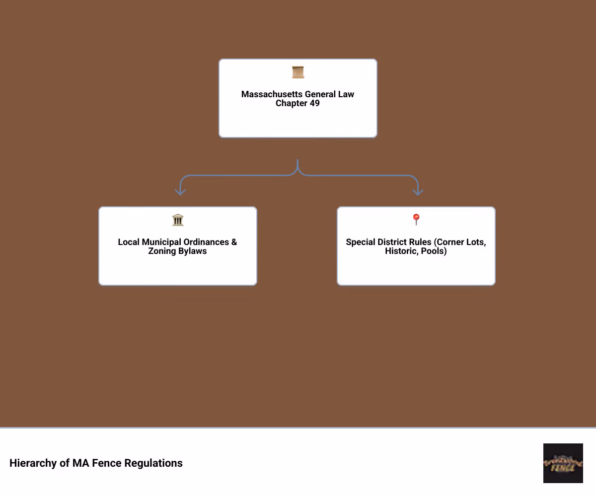 Infographic showing the hierarchy of Massachusetts fence regulations: at the top is Massachusetts General Law Chapter 49 providing the statewide framework; below that are local municipal ordinances and zoning bylaws which can be stricter than state law; at the bottom are special district rules for corner lots, historic districts, and pool areas with their specific height restrictions - how high can a fence be in massachusetts infographic hierarchy