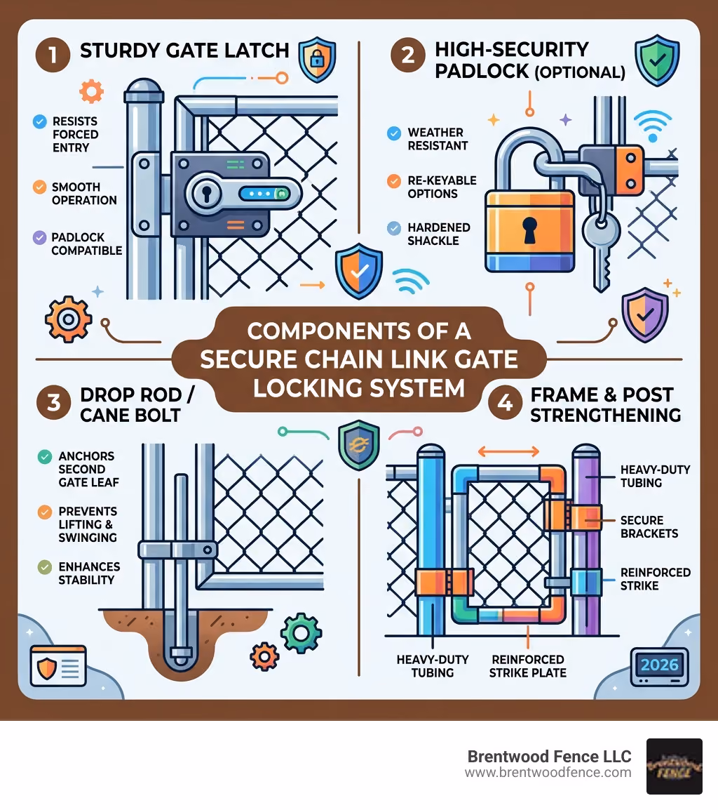 Components of a secure chain link gate locking system infographic - gate lock for chain link fence infographic 