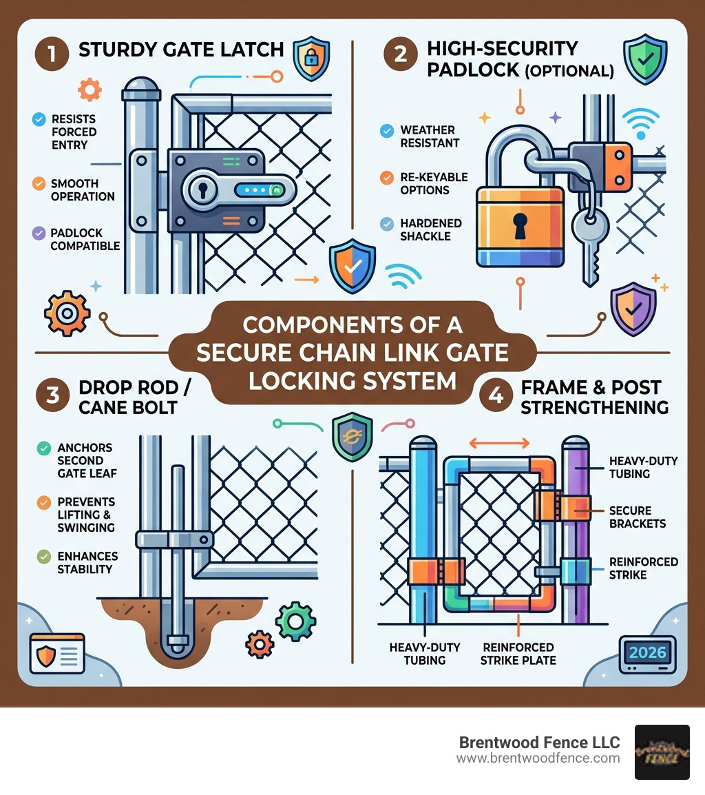 Components of a secure chain link gate locking system infographic - gate lock for chain link fence infographic Components of a secure chain link gate locking system infographic - gate lock for chain link fence infographic
