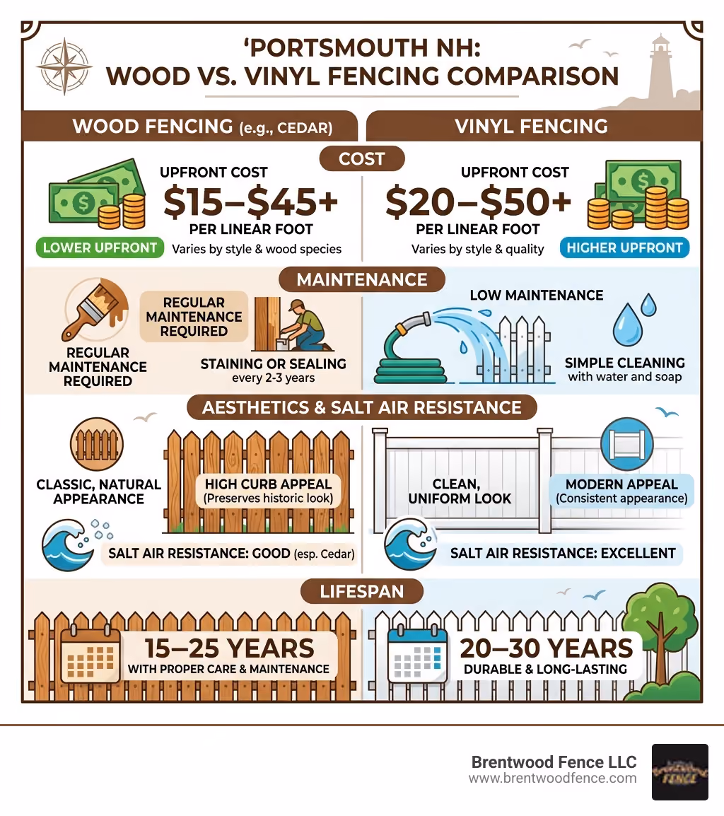 Infographic comparing wood vs vinyl fencing on cost, maintenance, aesthetics, and lifespan for Portsmouth NH - Portsmouth NH