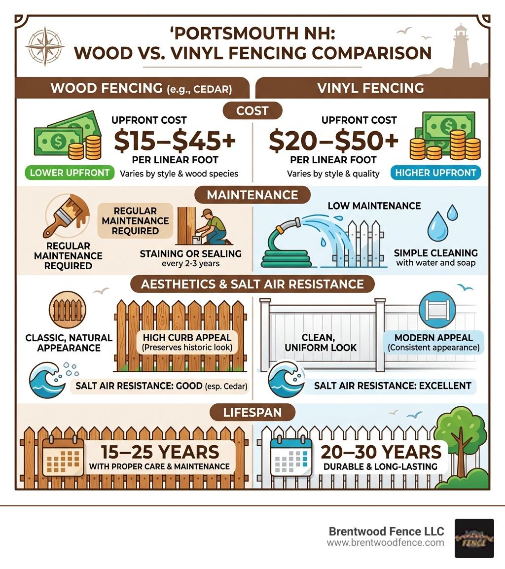 Infographic comparing wood vs vinyl fencing on cost, maintenance, aesthetics, and lifespan for Portsmouth NH - Portsmouth NH Infographic comparing wood vs vinyl fencing on cost, maintenance, aesthetics, and lifespan for Portsmouth NH - Portsmouth NH