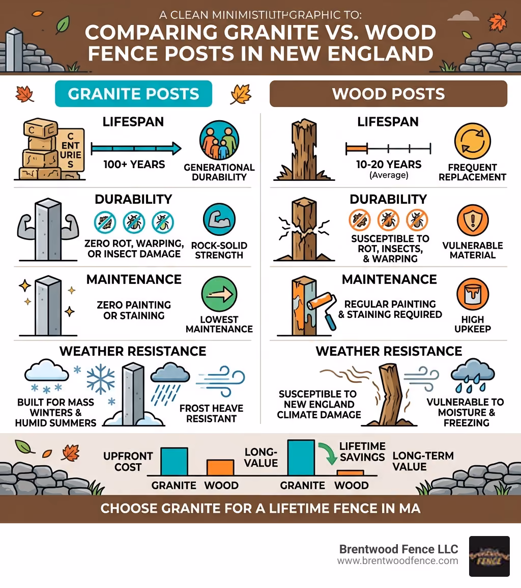 Infographic comparing granite vs wood post lifespan durability and maintenance in New England - MA granite fencing