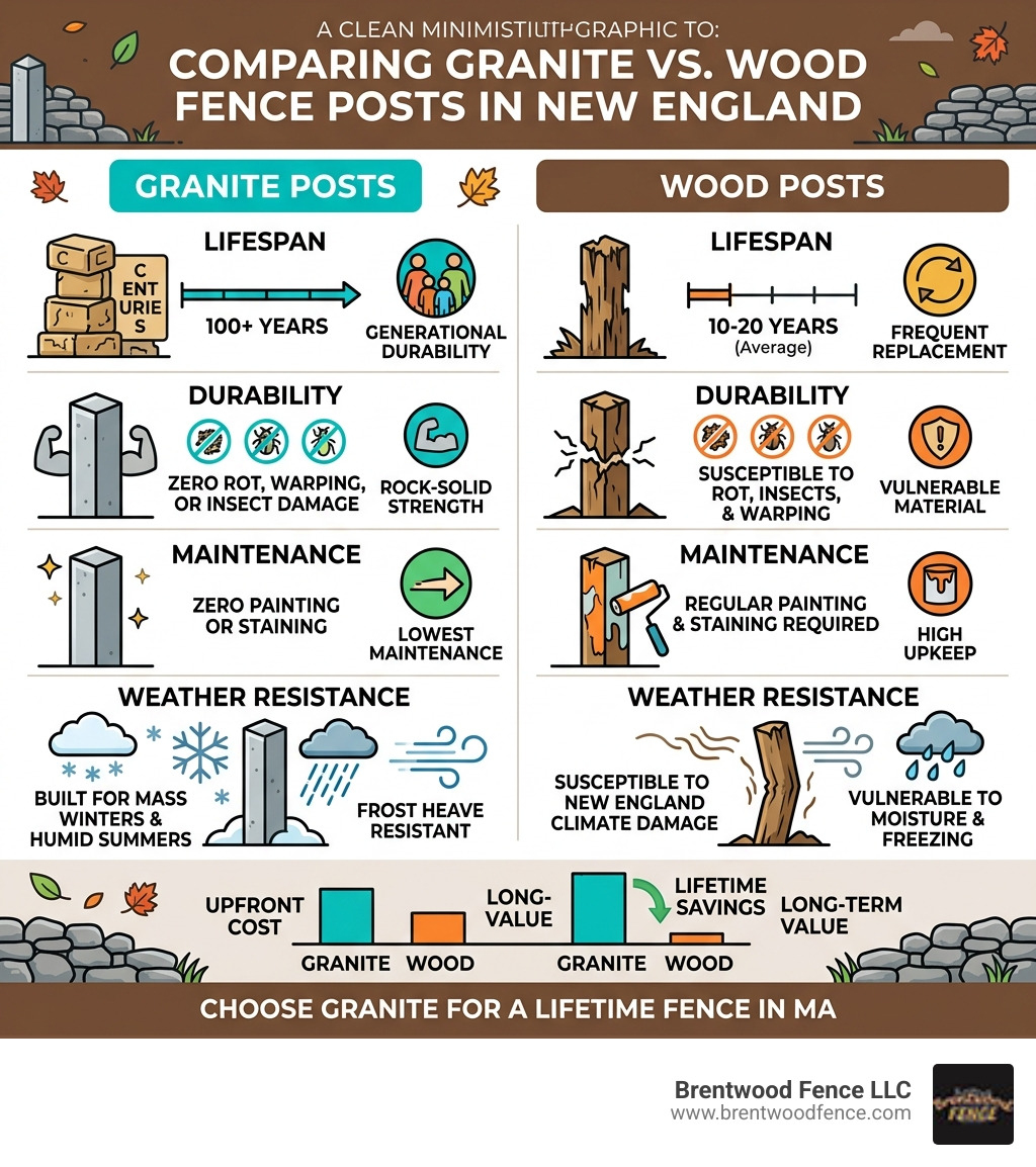 Infographic comparing granite vs wood post lifespan durability and maintenance in New England - MA granite fencing Infographic comparing granite vs wood post lifespan durability and maintenance in New England - MA granite fencing