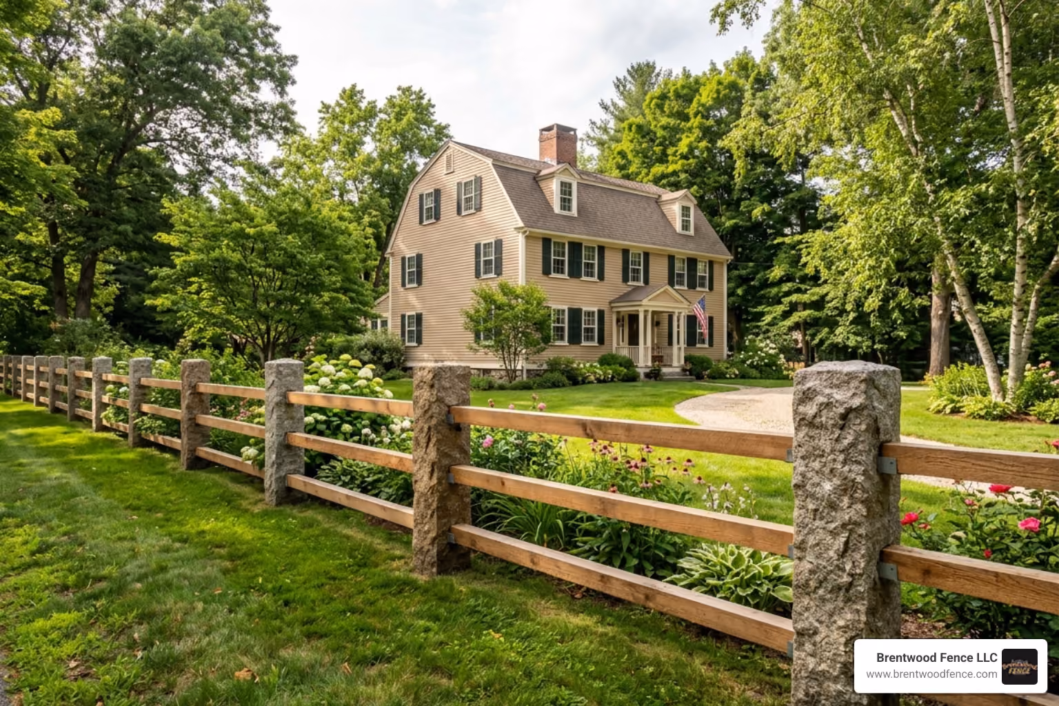 Granite posts with cedar rails in a Massachusetts backyard - MA granite fencing installation pros