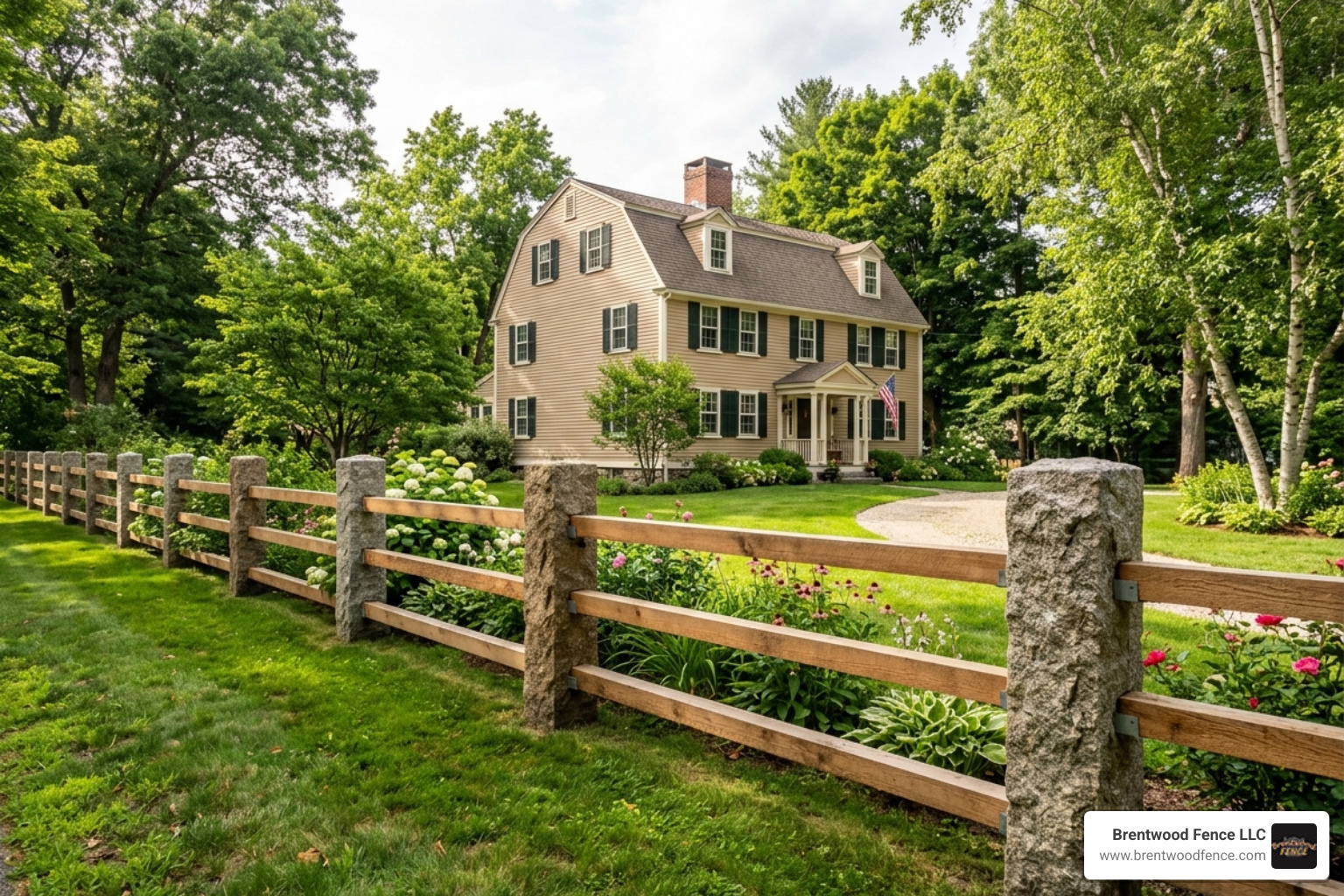 Granite posts with cedar rails in a Massachusetts backyard - MA granite fencing installation pros Granite posts with cedar rails in a Massachusetts backyard - MA granite fencing installation pros