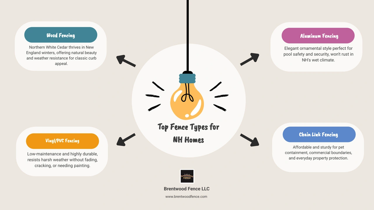 Infographic showing fence types, key benefits, and recommended uses for NH homeowners - Fence solutions NH infographic Infographic showing fence types, key benefits, and recommended uses for NH homeowners - Fence solutions NH infographic