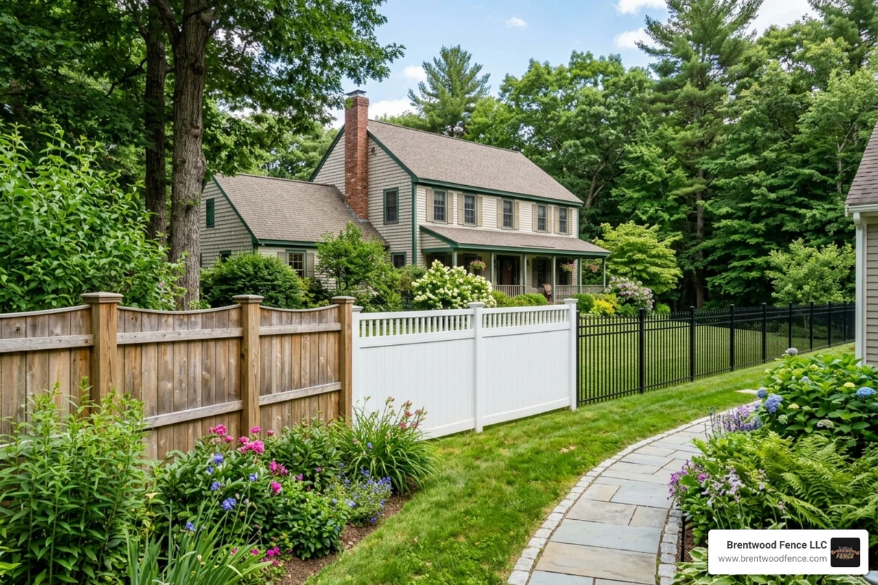 Various fencing styles including wood, vinyl, and aluminum in a residential yard - Fence solutions NH Various fencing styles including wood, vinyl, and aluminum in a residential yard - Fence solutions NH