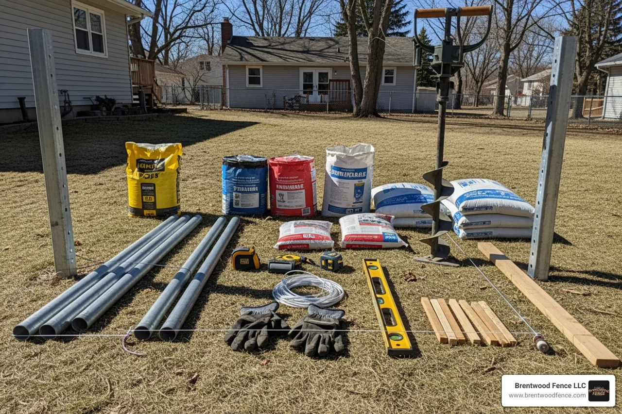 fence post tools and materials laid out