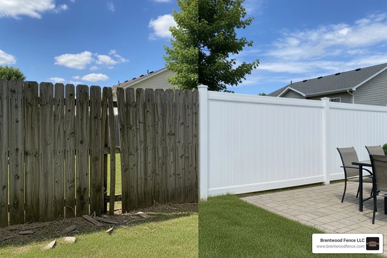 Side-by-side comparison of aged wood fence versus clean vinyl fence Side-by-side comparison of aged wood fence versus clean vinyl fence
