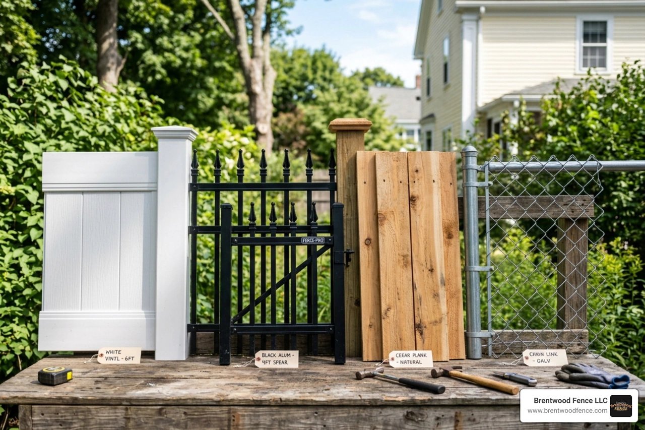 various fencing material samples including vinyl and ornamental aluminum - custom fence installation Dover various fencing material samples including vinyl and ornamental aluminum - custom fence installation Dover