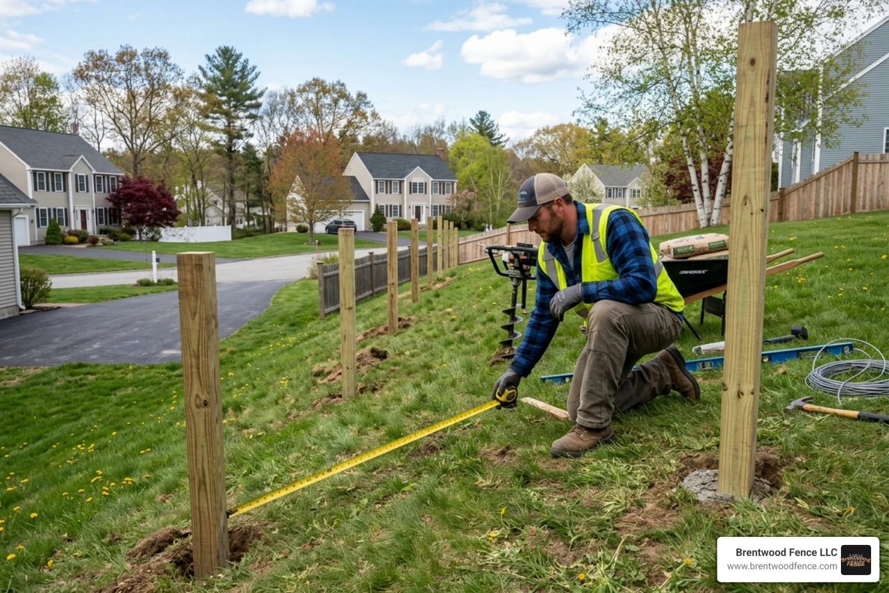 professional installer measuring a sloped property line - custom fence installation Dover professional installer measuring a sloped property line - custom fence installation Dover
