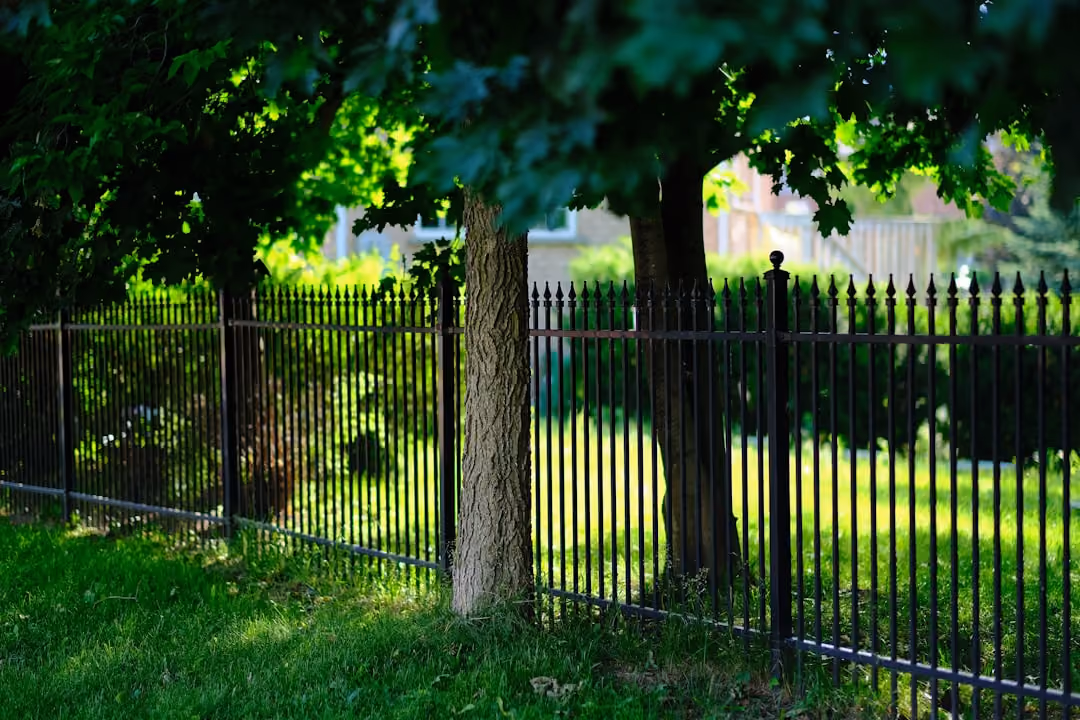 completed black ornamental aluminum fence in backyard