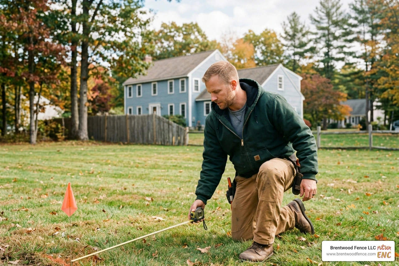 Contractor measuring a backyard in New Hampshire for a new fence installation Contractor measuring a backyard in New Hampshire for a new fence installation