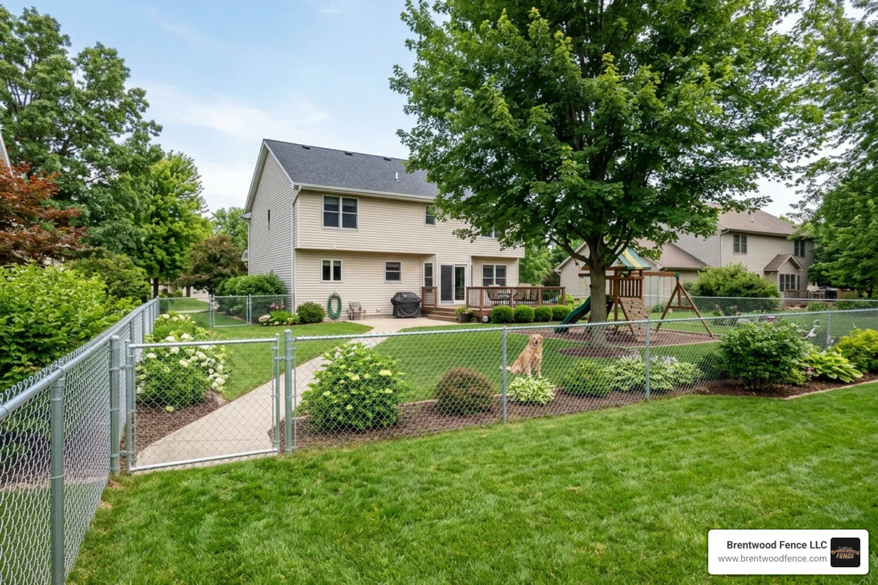 professionally installed perimeter chain link fence around a suburban backyard - cost to instal chain link fence professionally installed perimeter chain link fence around a suburban backyard - cost to instal chain link fence