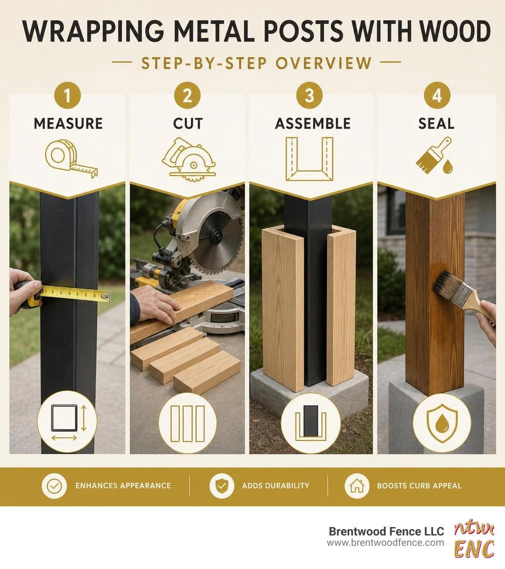Step-by-step overview of wrapping metal posts with wood: measure, cut, assemble, seal infographic Step-by-step overview of wrapping metal posts with wood: measure, cut, assemble, seal infographic