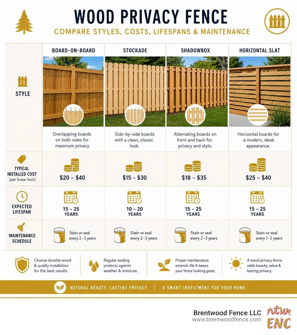 Infographic comparing wood privacy fence styles, costs, lifespans, and maintenance schedules infographic