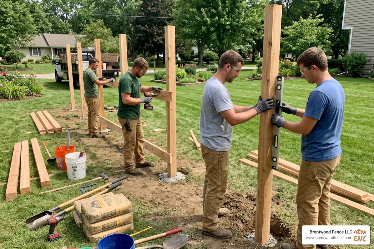 Professional fence installation crew setting posts and aligning rails