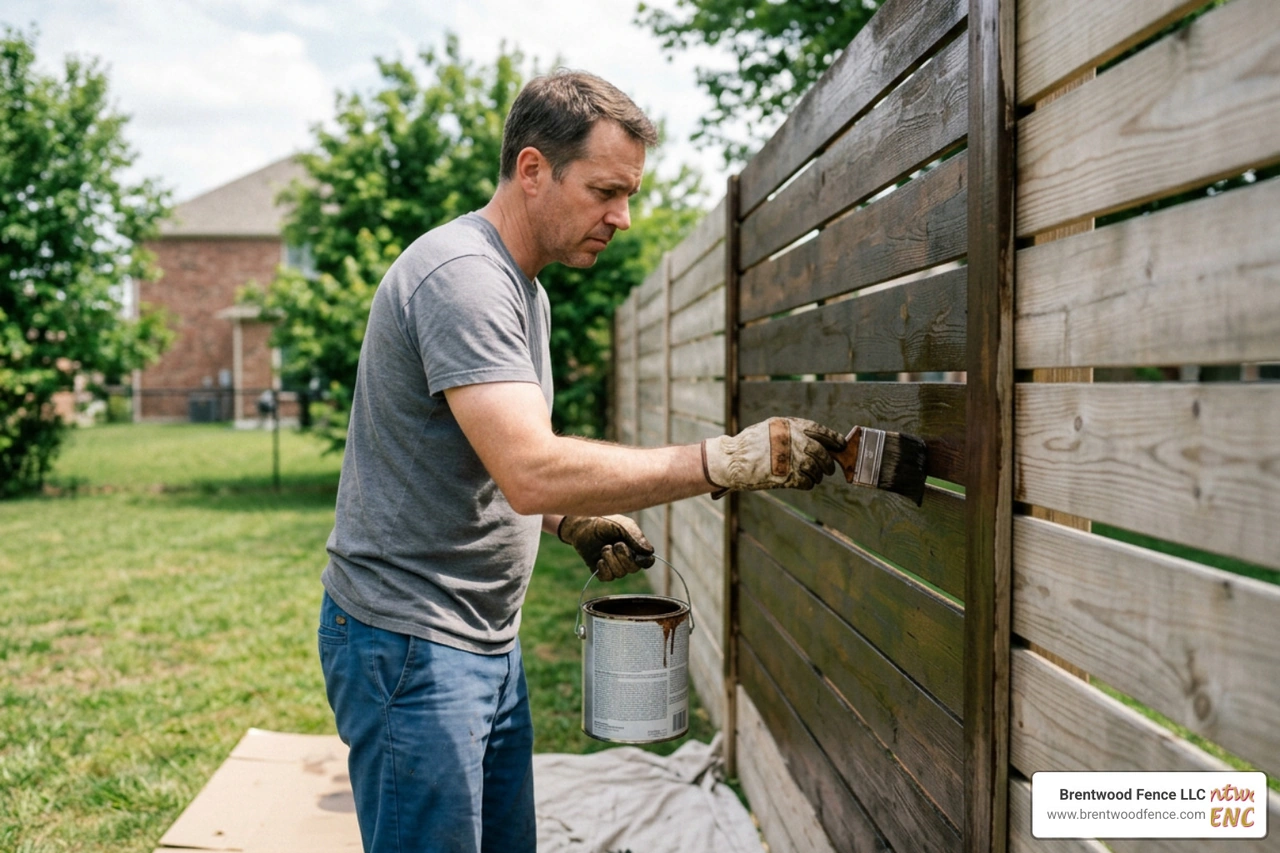 worker staining a wood fence