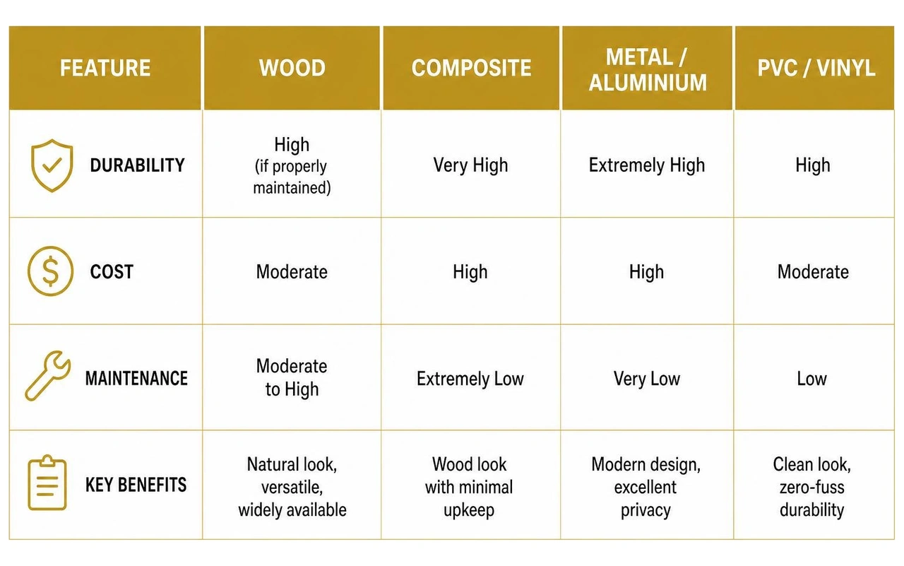 Comparison chart of wood versus composite and vinyl screening materials Comparison chart of wood versus composite and vinyl screening materials