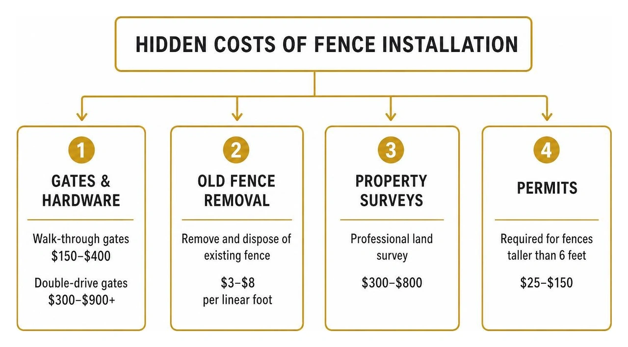 Diagram showing hidden costs of fence installation: gates, permits, old fence removal, and property surveys Diagram showing hidden costs of fence installation: gates, permits, old fence removal, and property surveys