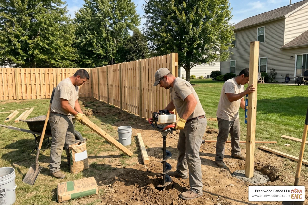 Professional fence installers digging post holes and setting posts in concrete Professional fence installers digging post holes and setting posts in concrete