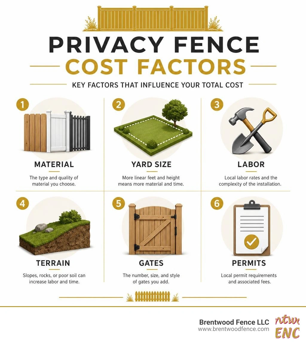 Privacy fence cost factors infographic: material, yard size, labor, terrain, gates, and permits infographic Privacy fence cost factors infographic: material, yard size, labor, terrain, gates, and permits infographic