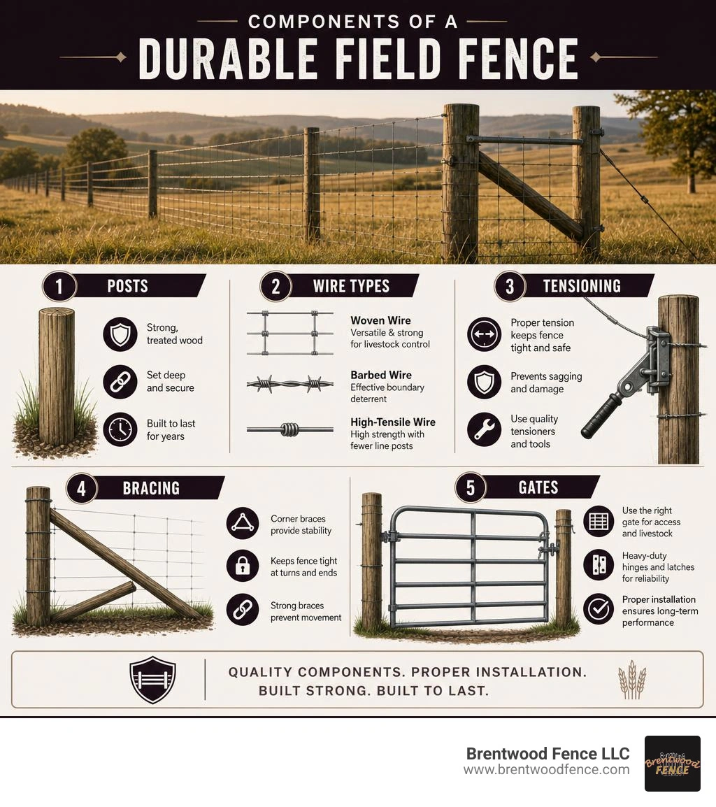 Components of a durable field fence: posts, wire types, tensioning, bracing, and gates infographic Components of a durable field fence: posts, wire types, tensioning, bracing, and gates infographic