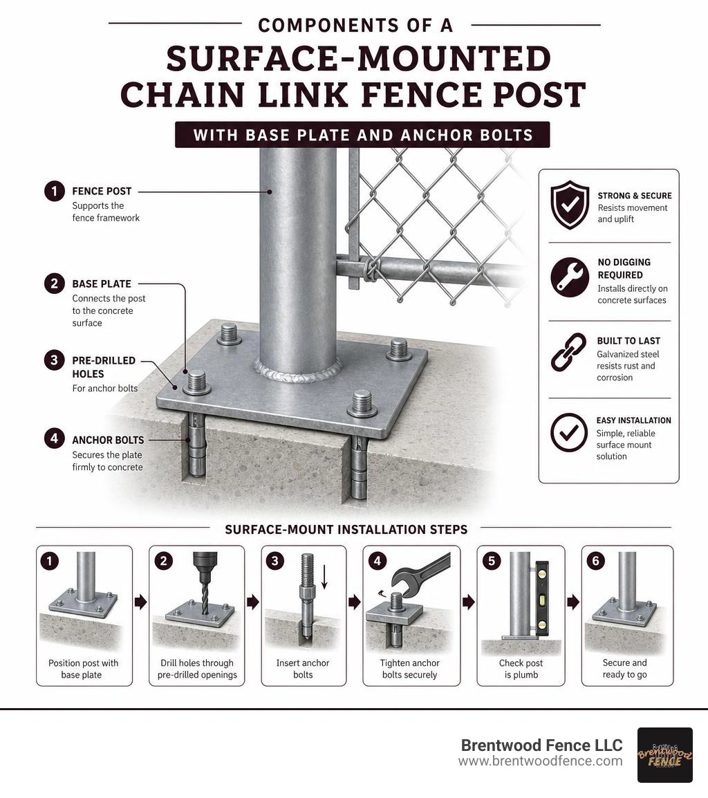 Infographic showing components of a surface-mounted chain link fence post with base plate and anchor bolts infographic Infographic showing components of a surface-mounted chain link fence post with base plate and anchor bolts infographic