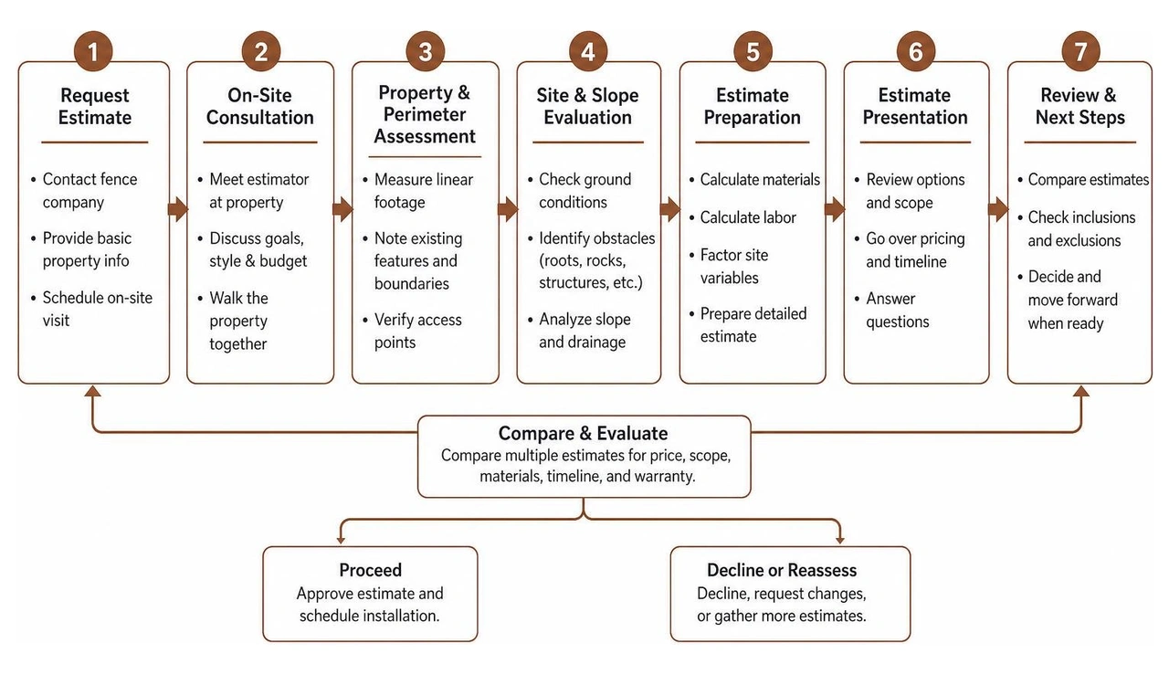 Step-by-step process diagram of requesting and evaluating fence company estimates Step-by-step process diagram of requesting and evaluating fence company estimates