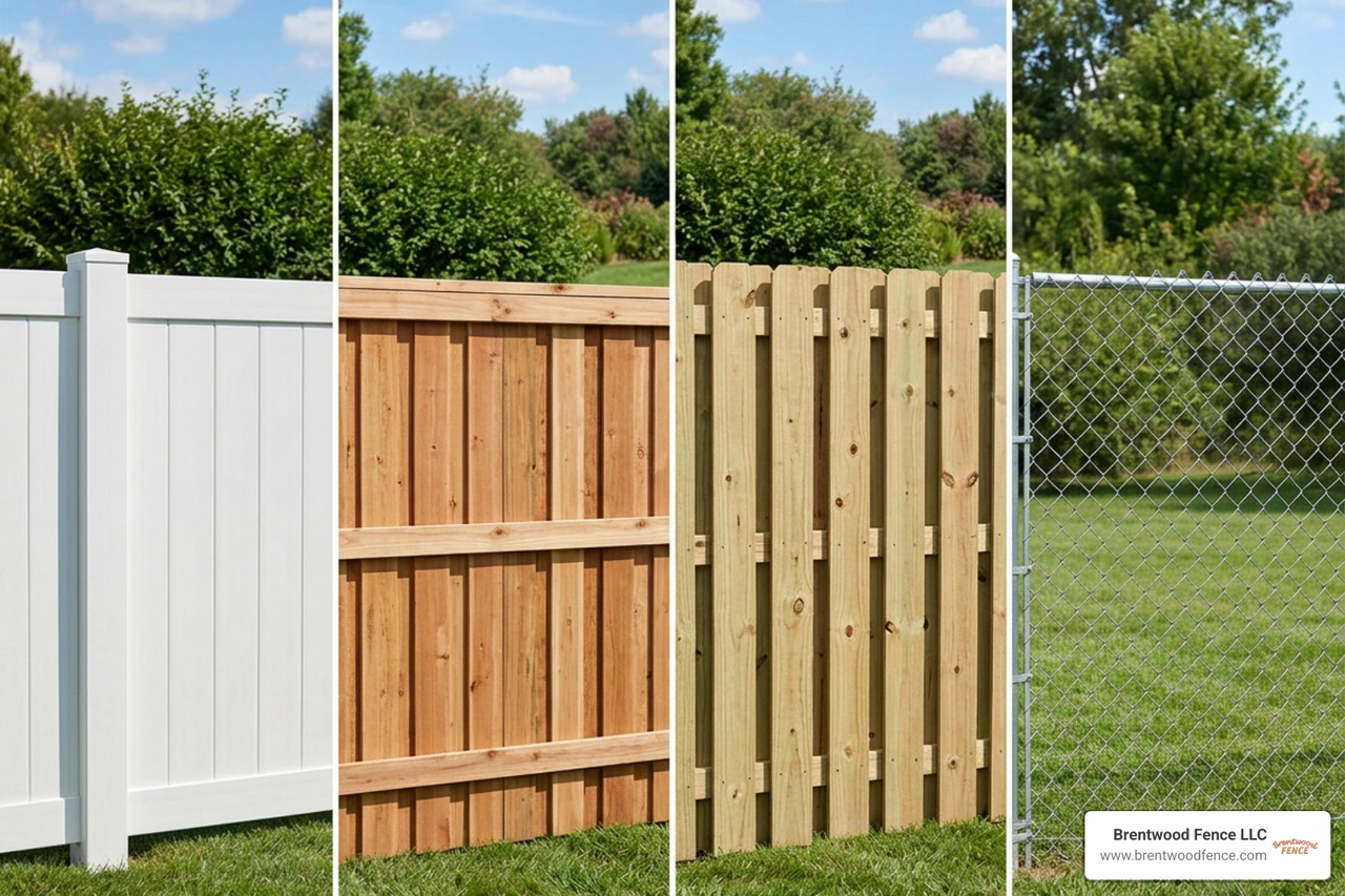 Comparison of vinyl, cedar wood, pressure treated pine, and chain link fencing options Comparison of vinyl, cedar wood, pressure treated pine, and chain link fencing options