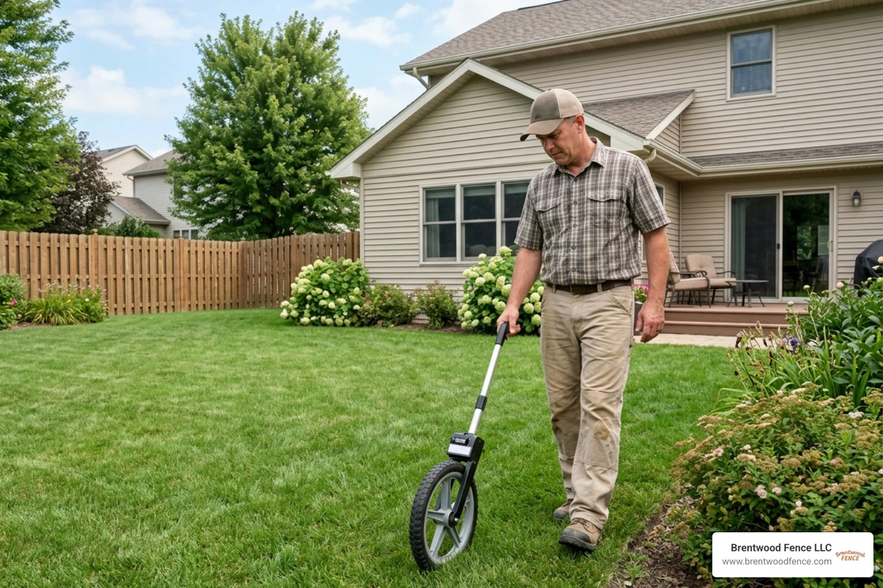 Contractor measuring residential yard perimeter for fence quote Contractor measuring residential yard perimeter for fence quote