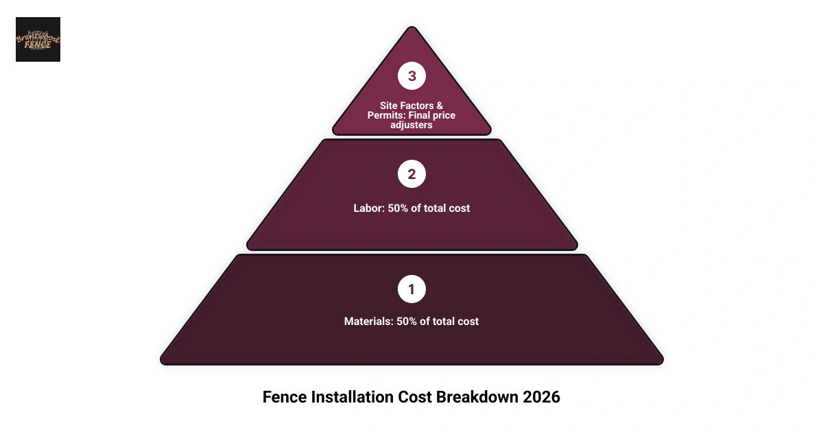 Infographic showing fence installation cost breakdown: materials 50%, labor 50%, with per linear foot ranges by material Infographic showing fence installation cost breakdown: materials 50%, labor 50%, with per linear foot ranges by material
