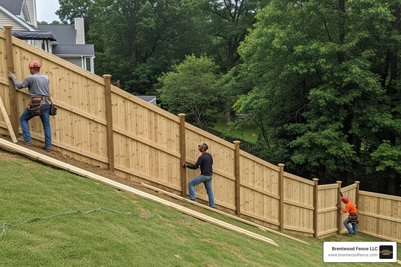 A fence being installed on a steep backyard slope using the "stepping" method A fence being installed on a steep backyard slope using the "stepping" method