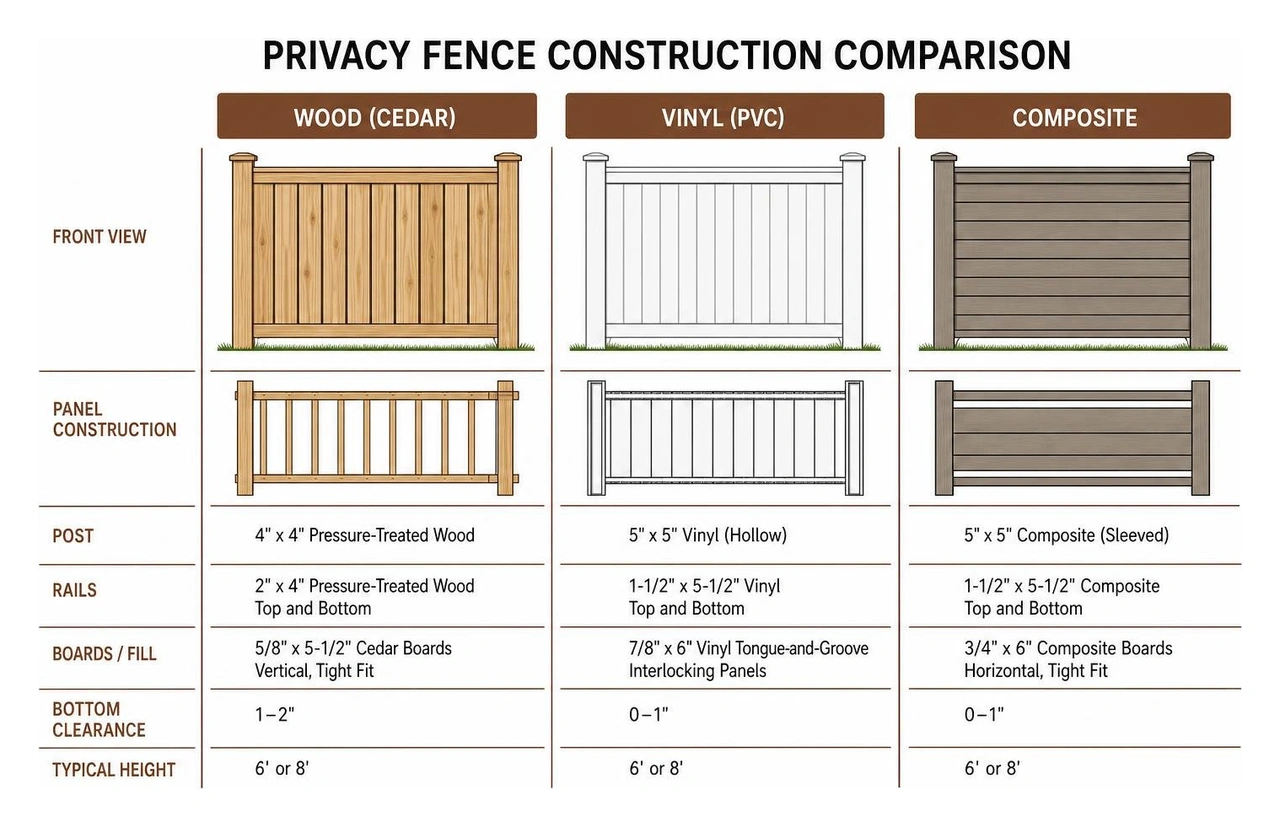 comparison diagram of wood, vinyl, and composite privacy fence construction comparison diagram of wood, vinyl, and composite privacy fence construction