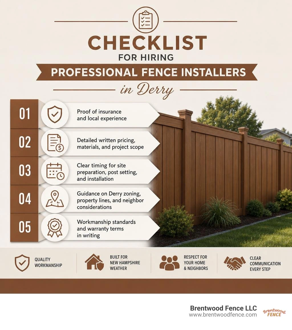 Checklist for hiring professional fence installers in Derry infographic