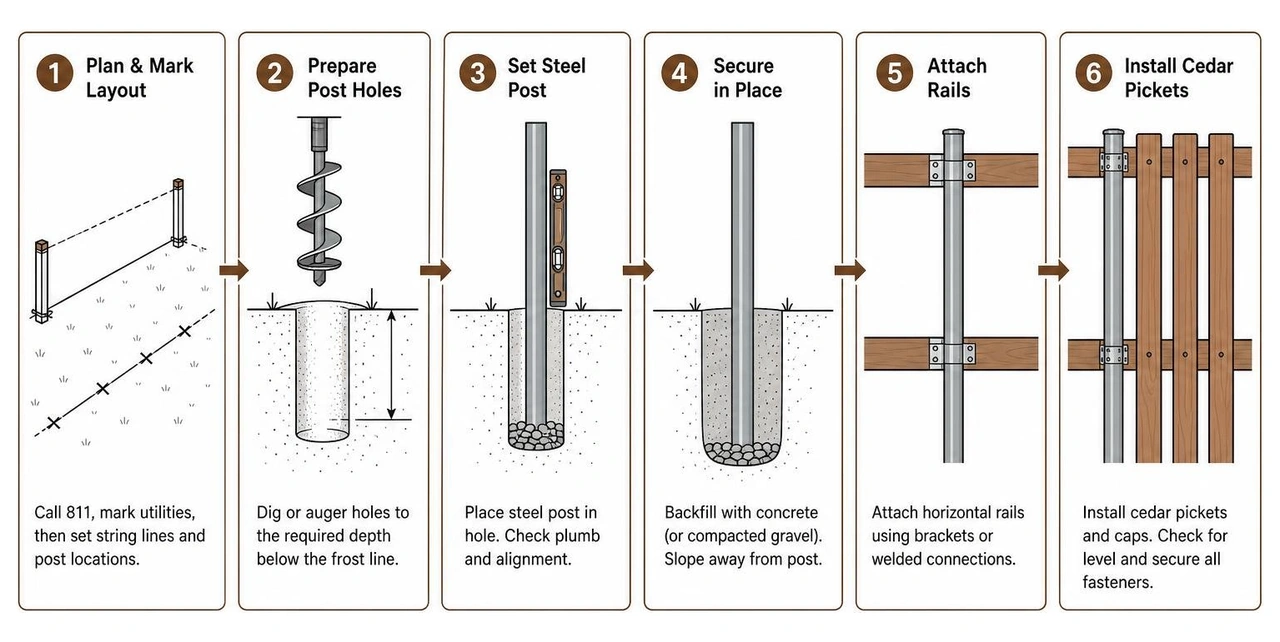 process of installing steel posts for a cedar fence