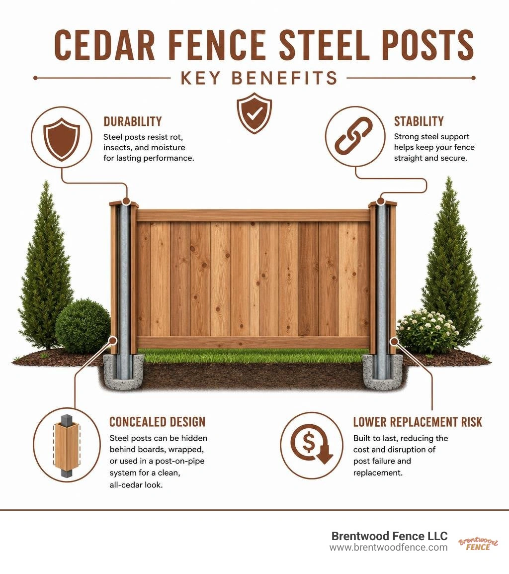Cedar fence steel posts benefits: durability, stability, concealed design, lower replacement risk infographic