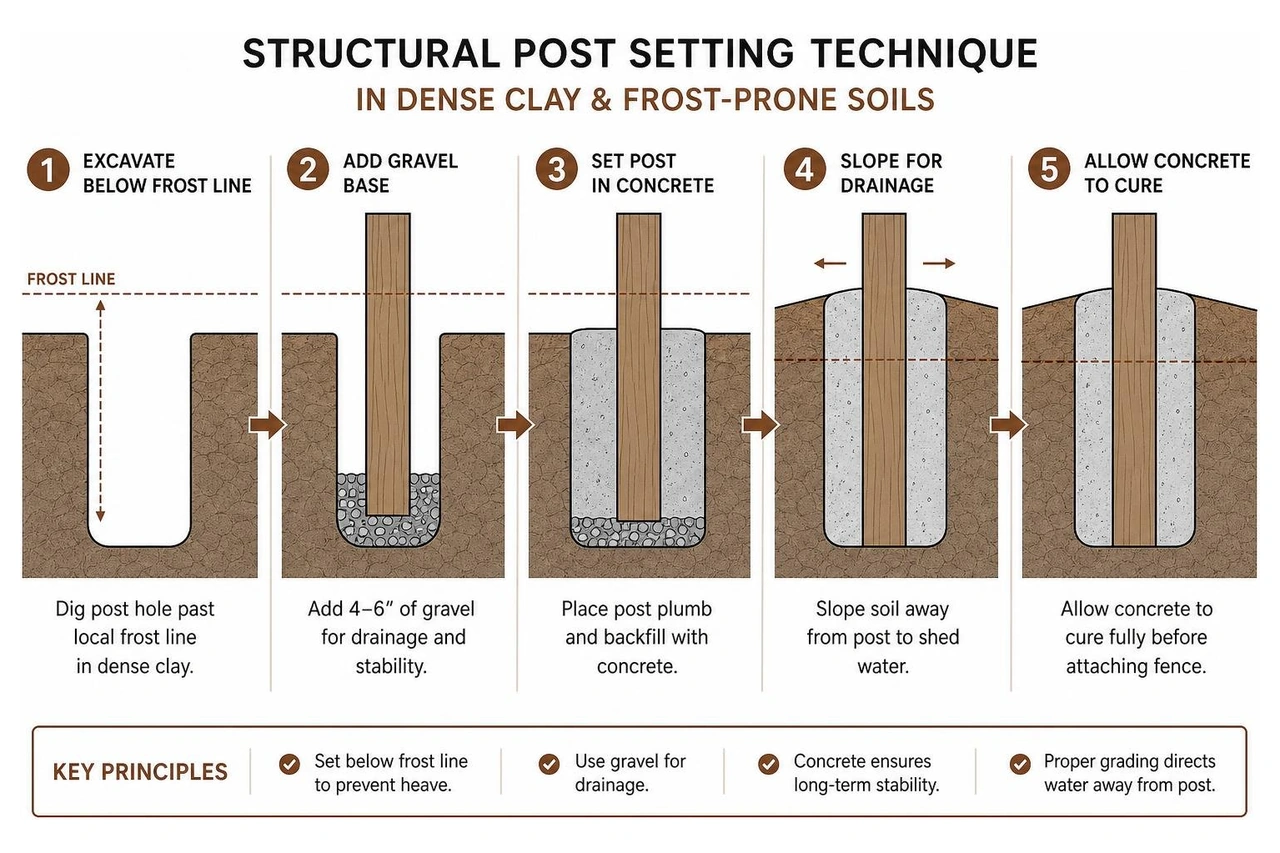 Structural post setting technique in dense clay and frost-prone soils