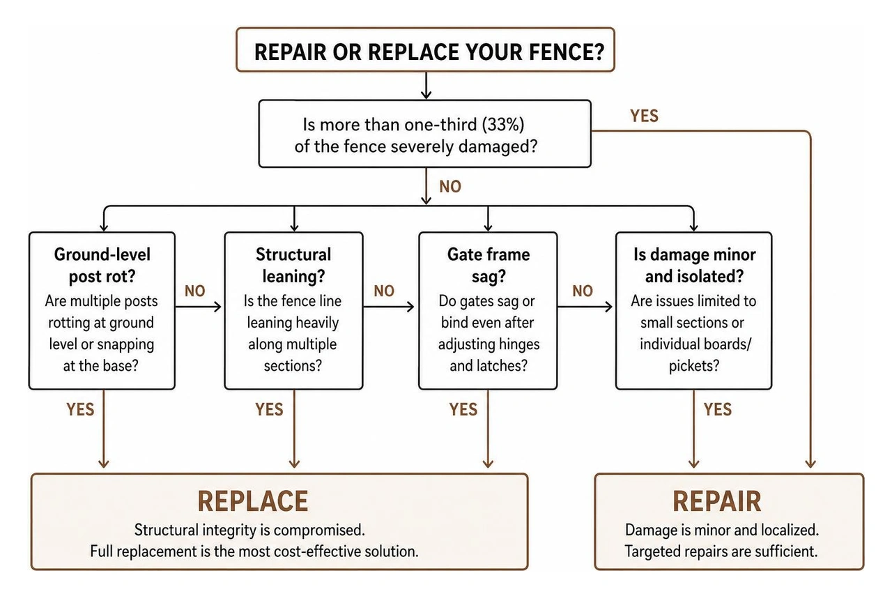 Decision tree flowchart: Repair vs. replace an existing fence
