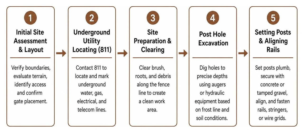 Timeline diagram of the professional fence installation process from utility check to final walkthrough